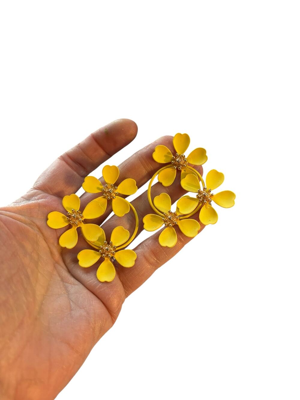 Vintage 80s Yellow Enamel Floral Statement Earrings Bold Mod Hoop Dangle Retro